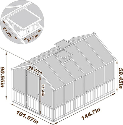 8x12 FT Greenhouse Kit with 6MM Thick Polycarbonate Panel for Outdoor, Wooden Walk-in Green House with Adjustable Roof Vent and Lockable Door, Backyard, Garden, Light Mocha Brown