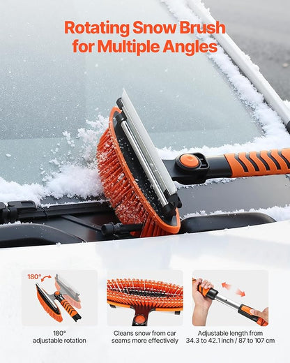VEVOR Snow Shovel and Snow Brush, 42 in Extendable Snows Broom & Ice Scraper with 180° Pivoting Brush Head, Non-Slip Grip, Portable Winter Snows Removal Tools for Cars Trucks SUVs Vehicle