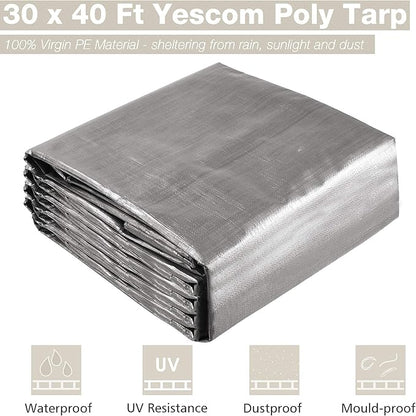 Yescom 30x40ft Heavy Duty Reinforced Poly Tarp Waterproof Tarpaulin 10-mil Ground Sheet Camping Tent Cover with Eyelets Reversible Silver Black Tarps