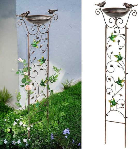 SUNNYPARK Antique Garden Iron Trellis with Decorative Hummingbirds Detachable Bird Bath Bowl Metal Potted Plant Support for Climbing Flowers