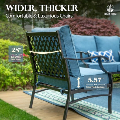 HERA'S HOUSE Outdoor Chairs Set of 2, 2 x Patio Chair with Navy Blue Cushions, All Weather Outdoor Furniture for Lawn Garden Backyard Deck(Leg Chairs)