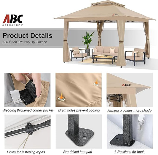 ABCCANOPY 13x13 Pop Up Gazebo, Outdoor Canopy Tent, Instant Screened Shelter with Mosquito Netting for Patio, Garden, Backyard, Party, Camping (Khaki)
