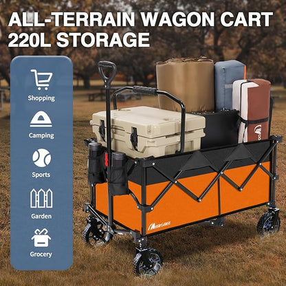 Moon Lence Collapsible Folding Wagon Cart Heavy Duty Folding Garden Portable Hand Cart with All-Terrain Beach Wheels, Adjustable Handle & Drink Holders (Orange & Ivory)