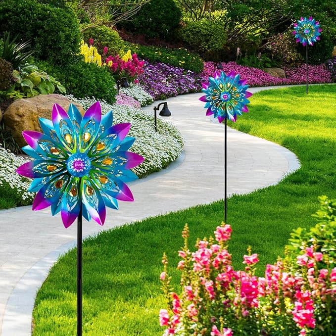 Metal Wind Spinner,13” Wind Spinners Outdoor,Peacock Windmill with Stake,Kinetic Wind Spinners for Yard and Garden,Multi-Color Pinwheels Yard Wind Sculptures,Waterproof Spinner for Patio Lawn