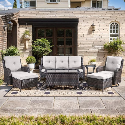 Wicker Patio Furniture-7 Pieces Rattan Patio Furniture Set Outdoor Patio Couch with Swivel Patio Chairs Ottomans and Coffee Table for Deck Poolside Backyard-Brown/Beige