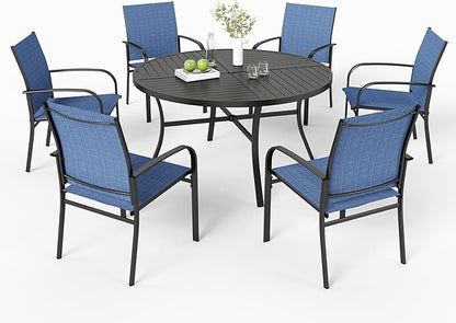 7 Pieces Outdoor Table and Chairs, Patio Dining Set for 6 Includes 54" Round Outdoor Table and 6 Patio Chair Set, Outdoor Dining Furniture Set for Lawn Backyard Deck, Blue