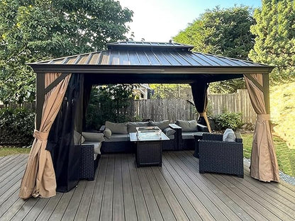 PURPLE LEAF 10' x 14' Hardtop Gazebo with Curtains and Netting for Hot Tub Heavy Duty Deck Beach Pool Backyard Outdoor Canopy Tent Sun Shade Metal Roof Patio Permanent Pavilion