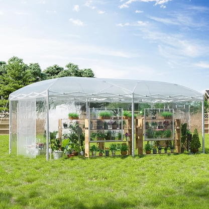 AMERLIFE 19.2×10×8.5 FT Pop-up Greenhouses for Outdoors Indoor with Adjustable Durable Frame, Portable Walk in Greenhouse with 2 Roll-up Zipper Doors, Windows and PE Cover, White