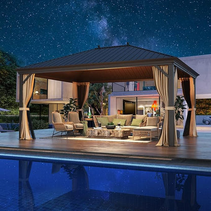 MELLCOM 12'x16' Hardtop Gazebo, Galvanized Steel Metal Double Roof Canopy with Curtains and Netting, Brown Permanent Pavilion Gazebos with Aluminum Frame for Garden, Patio, Lawns, Deck