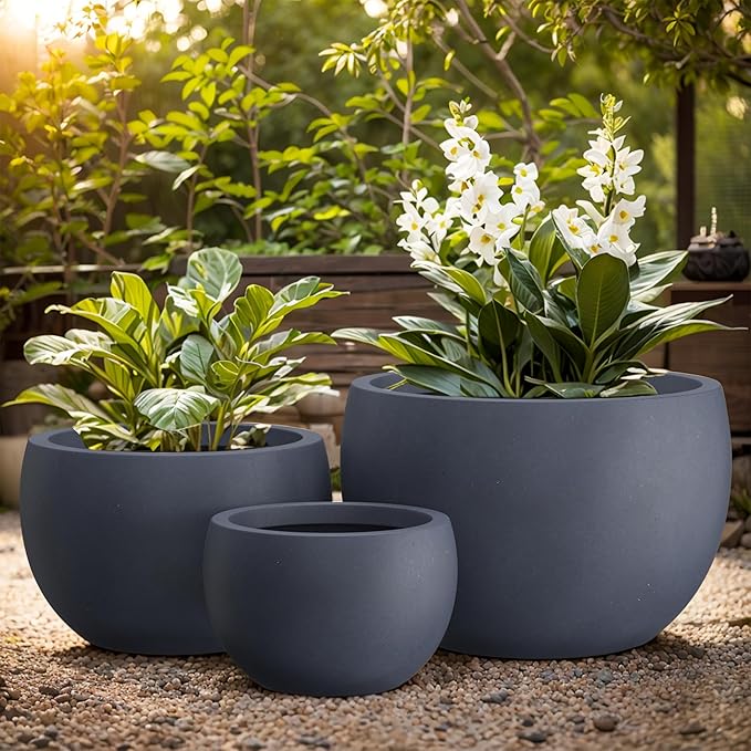 Kante 19.9",15.7",11.8" Dia Round Concrete Planter Set of 3, Outdoor/Indoor Large Bowl Plant Pots with Drainage Hole and Rubber Plug for Garden Patio Balcony Home, Dark Gray