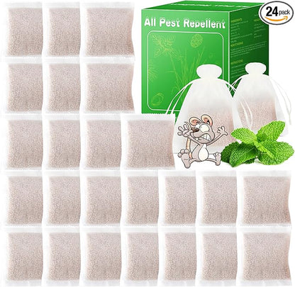 24 Pack Natural Mice Repellent - Peppermint Oil to Repel Rats Mice Vole Mole Deterrent for Car Engines Indoor and Outdoor, Safe for Humans & Pets, Pouches for Other Pest Roaches