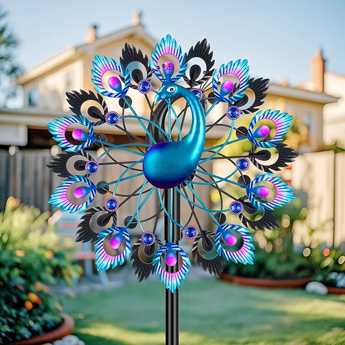 Wind Spinners Garden Decor for Outside, 13 Inches 360°Peacocks Windmill for Yard Decorations Outdoor, Metal Yard Art Wind Sculptures Garden Gifts for Women, Backyard, Patio, Lawn Ornament