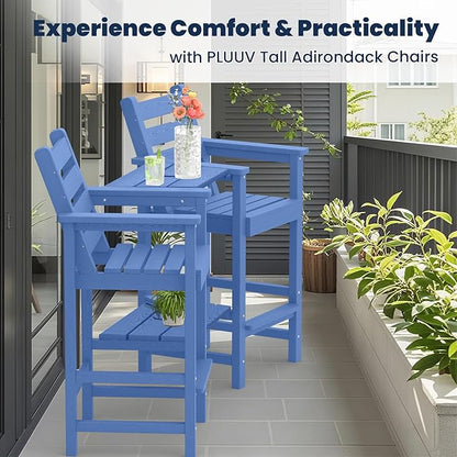 Tall Adirondack Chairs Set of 2, All Weather HDPE Poly Bar Height Balcony Adirondack Chair with Removable Double Connecting Trays, Outdoor Adirondack Barstools for Deck, Patio, Yard, Pool, Lawn