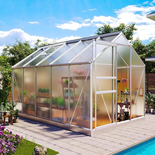 10x6ft Polycarbonate Greenhouse, Heavy Duty Walk-in Aluminum Greenhouse for Outdoors, with Ventilation Window, Sliding Door, Rain Gutter, Green House for Plants Backyard Silver