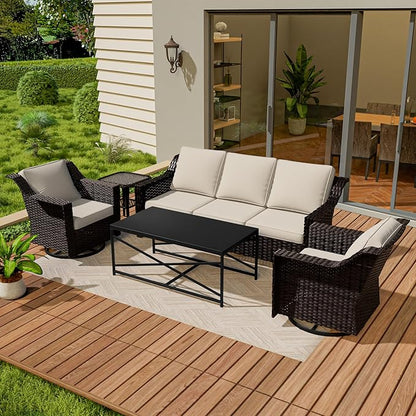Vista Vibe 5 Pieces Outdoor Rattan Patio Conversation Furniture Set - 78" 3-Seat Sofa | 2 Swivel Glider Rocker Chairs | Wicker End Table | Metal Table, Upholstered Loveseat, Deck (Brown/Beige)