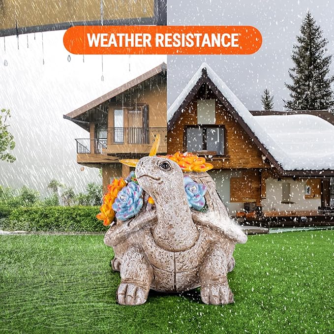 Solar Garden Outdoor Statues with Succulent and 7 LED Lights - Lawn Decor Tortoise Statue for Patio, Balcony, Yard Ornament - Unique Housewarming Gifts (Gray Turtle)