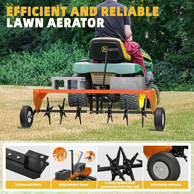 40" Lawn Aerator Tow Behind, Pull Behind Aerator with Universal Hitch, 24 Galvanized Steel Tines, Tray and Pneumatic Tires, Plug Behind Aerator is Suitable for Gardens, Lawns and Farms