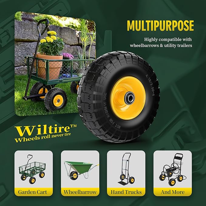 (2 Pack) 4.10/3.50-4 Flat Free Tire and Wheel 10-Inch Solid Wheel Replacement with 5/8 Bearings,2.2" Offset Hub -Compatible with Hand Truck,Wheelbarrow(Yellow)