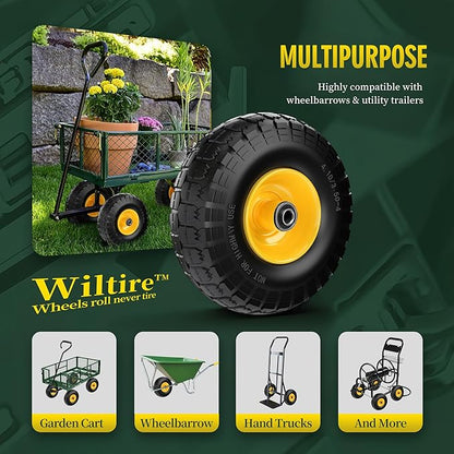 (2 Pack) 4.10/3.50-4 Flat Free Tire and Wheel 10-Inch Solid Wheel Replacement with 5/8 Bearings,2.2" Offset Hub -Compatible with Hand Truck,Wheelbarrow(Yellow)