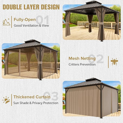 COOS BAY 12x12 Hardtop Gazebo with Aluminum Frame, Galvanized Steel Double Roof Outdoor Pavilion with Netting and Curtains, Dark Brown/Tan