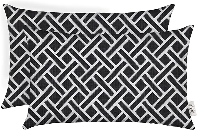 RSH DECOR: Lumbar Throw Pillows Set of 2 | 20” x 12" | All-Weather Spun Fabric | Water and Fade-Resistant | Outdoor Support Pillows for Patio Furniture | Matte Black Geometric