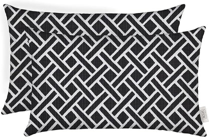 RSH DECOR: Lumbar Throw Pillows Set of 2 | 20” x 12" | All-Weather Spun Fabric | Water and Fade-Resistant | Outdoor Support Pillows for Patio Furniture | Matte Black Geometric