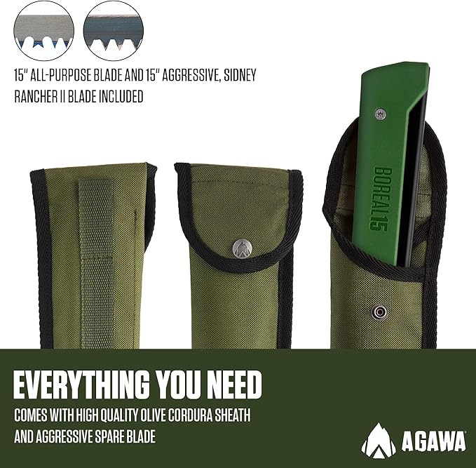 AGAWA - BOREAL15 Tripper Kit - Includes 15" Folding Saw, Nylon Carrying Case, 15" All-Purpose & 15" Aggressive Blade - For Camping, Hiking & Survival Gear (Black Frame/Green Handle)