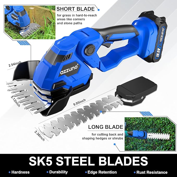 AZZUNO Cordless Hedge Trimmer, 2-in-1 Electric Grass Shears Shrubbery Trimmer with 2Ah Battery，Handheld Grass Cutter Shrub Trimmer for Gardens, Yards, Lawns, Including Charger(2 Batteries)