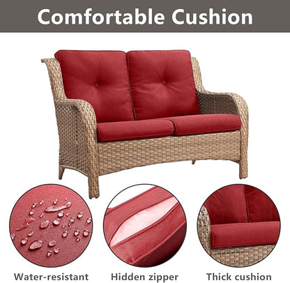 Outdoor Wicker Patio Furniture Set - 6 Piece Rattan Patio Conversation Set with 2 Rocking Swivel Chairs,2 Ottomans,1 Loveseat and 1 Side Table for Porch Deck Backyard Garden(Yellow/Red)