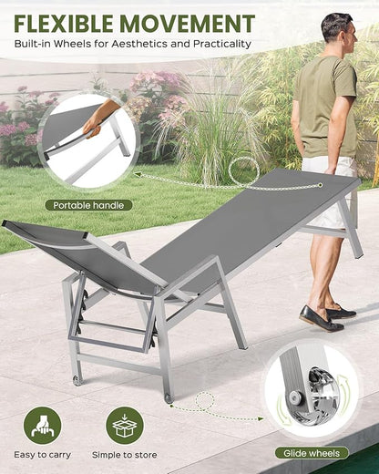Patio Chaise Lounge Chair Outdoor with Wheels&Armrests, Aluminum Pool Lounge Chairs Set of 2 Five-Position Adjustable Recliner, Outdoor Beach Lounge Chairs for Poolside, Patio, Deck, Yard, Dark Gray