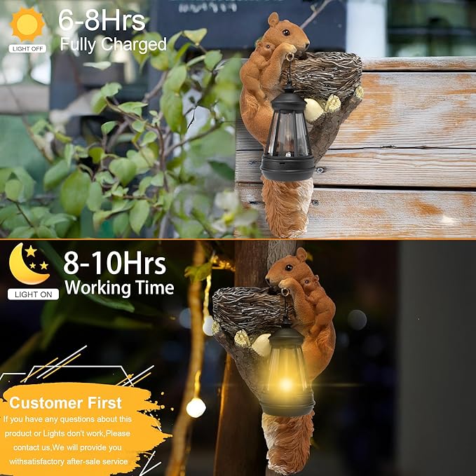 Squirrel Tree Hugger Garden Outdoor Statue Decor with Solar Powered Lantern for Outside Porch Patio Wall Tree Fence, Squirrel Figurine Birthday Gifts for Mom