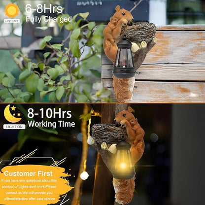 Squirrel Tree Hugger Garden Outdoor Statue Decor with Solar Powered Lantern for Outside Porch Patio Wall Tree Fence, Squirrel Figurine Birthday Gifts for Mom