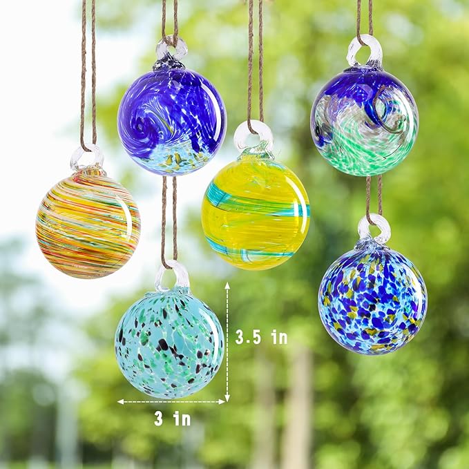 VCUTEKA Hanging Garden Gazing Ball, Hand-Blown Glass Witch Ball for Outdoor Garden Décor, 6pcs 3" Colorful Swirl