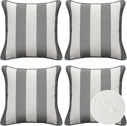 Decorative Outdoor Water Repellent Throw Pillows with Inserts, Set of 4, 20" x20" Pillows for Patio, Backyard, Bed, Couch, and Patio Furniture, Gray Stripe