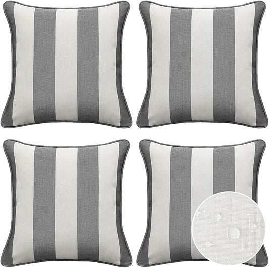 Decorative Outdoor Water Repellent Throw Pillows with Inserts, Set of 4, 20" x20" Pillows for Patio, Backyard, Bed, Couch, and Patio Furniture, Gray Stripe