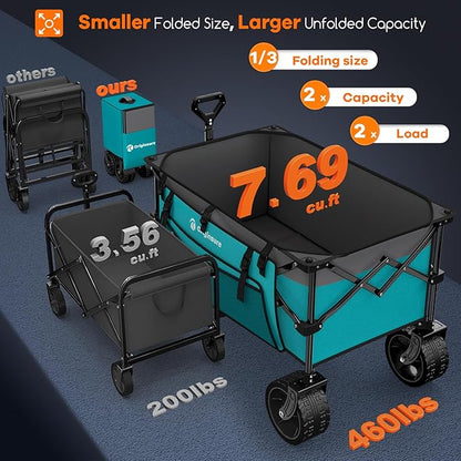 220L Collapsible Wagon Cart Foldable, 460lbs Load Capacity Heavy Duty Folding Beach Wagons with Big All-Terrain Wheels, Utility Carts for Groceries, Camping, Sports - Grey&Turquoise