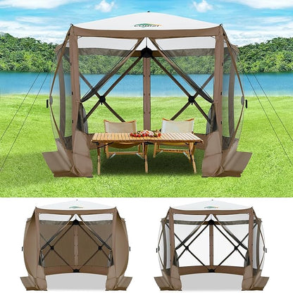 COBIZI 10x10ft Pop up Gazebo Screen House Tent for Camping, Pop-up Camping Canopy with Sidewalls,Portable Outdoor Quick-Set Hub Tent with Carrying Bag&Ground Stakes,Brown(Upgraded 2.0)