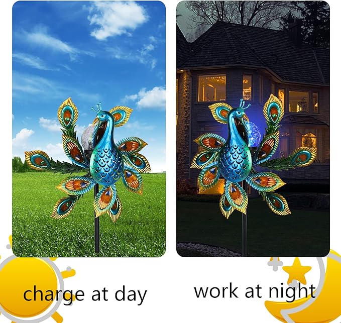 Solar Wind Spinner Outdoor Metal Kinetic Wind Spinners with LED Lighting Glass Ball Peacock Wind Spinner with Stake Decorative Windmill for Yard Lawn Garden Patio Decor