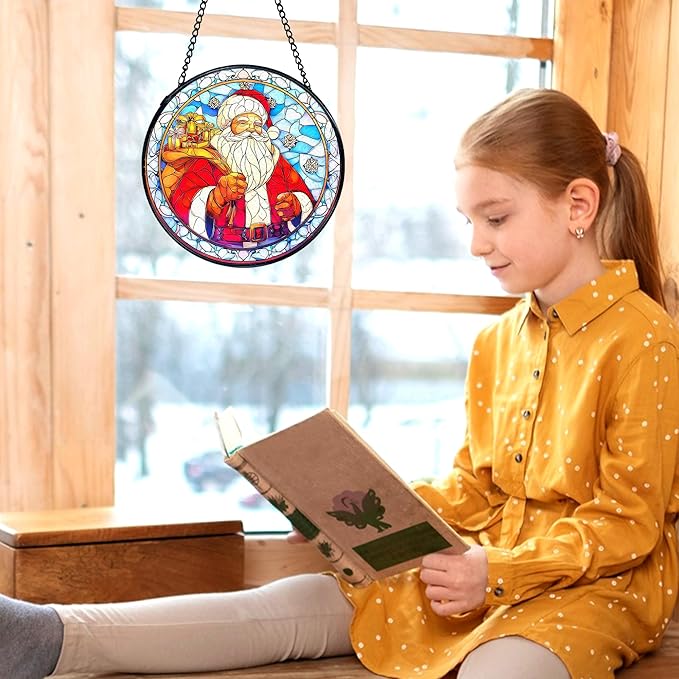 kdqua Christmas Santa Suncatcher Stained Glass Window Hanging, Winter Xmas Santa Claus Sun Catchers Indoor Window Glass Round Wall Decor, Christmas Wall Art Hanging Decorations Statues, 7.9x7.9in