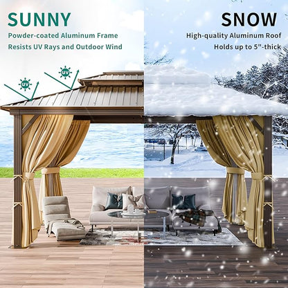 HOTEEL 10x12 Hardtop Gazebo with Heavy Duty Galvanized Steel Double Roof, Aluminum Frame, Flame-Resistant Curtains and Netting, Outdoor Permanent Pavillon for Backyard, Brown (2025 Upgraded)