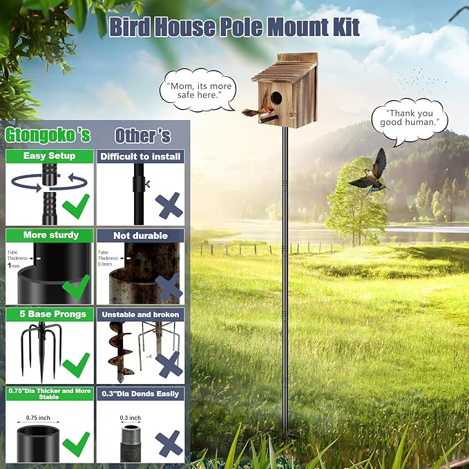 Gtongoko Smart Bird Feeder Pole 110 Inch Bluebird House Pole for Outdoors Weather Station Heavy Duty Metal Mounting Kit Adjustable Bird Feeder Stand Black