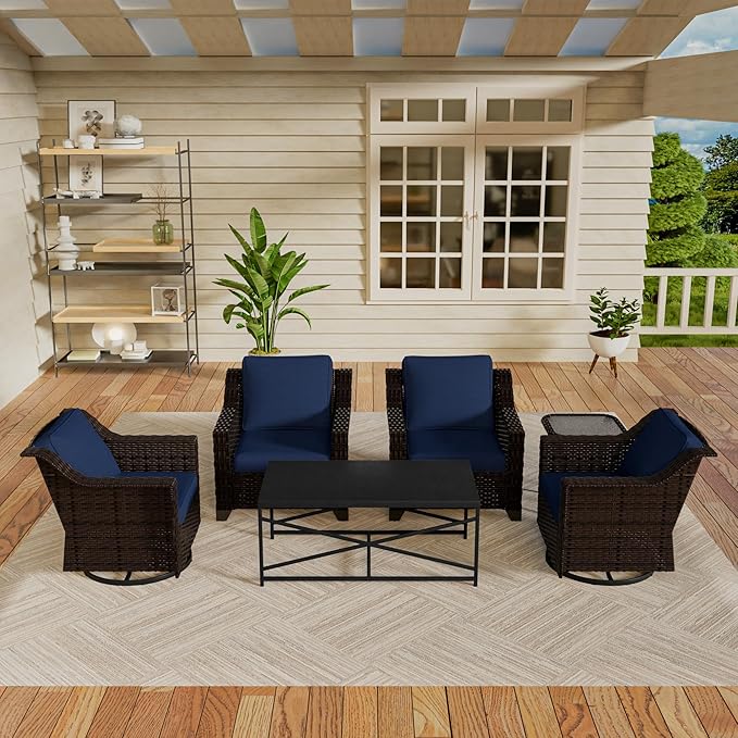Vista Vibe 6 Pieces Outdoor Rattan Patio Conversation Furniture Set - 360 Degree Swivel Glider Rocker Chairs | Coffee Table | 2 Wicker Chairs, Washable Cushions, Terrace, Sunroom (Brown/Navy)