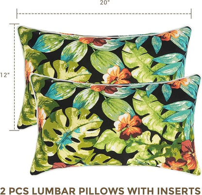 Lumbar Pillow with Insert, Set of 2, Outdoor Indoor Waterproof Decorative Patio Lumbar Pillow 12x20 Inch, Rectangular Cushion for Couch Sofa Garden Farmhouse Decoration-Tropical Green Leaves