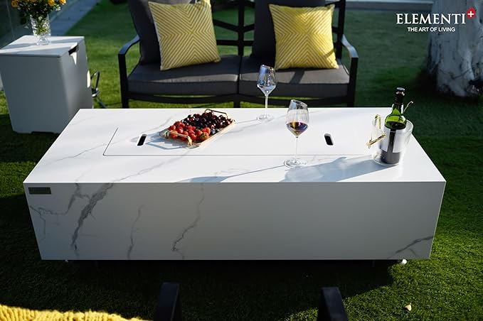 Elementi+ | Bundle Carrara Gas Fire Pit | Marble Porcelain & Metal Frame | 60" Rectangular Fire Table | Electronic Ignition | Canvas Cover, Fire Glass & Burner Lid Included | White | Natural Gas