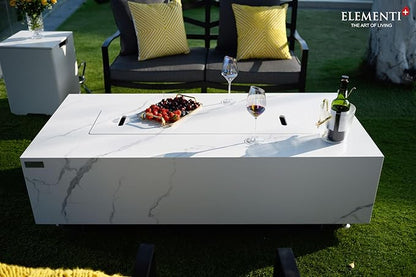 Elementi+ | Bundle Carrara Gas Fire Pit | Marble Porcelain & Metal Frame | 60" Rectangular Fire Table | Electronic Ignition | Canvas Cover, Fire Glass & Burner Lid Included | White | Natural Gas