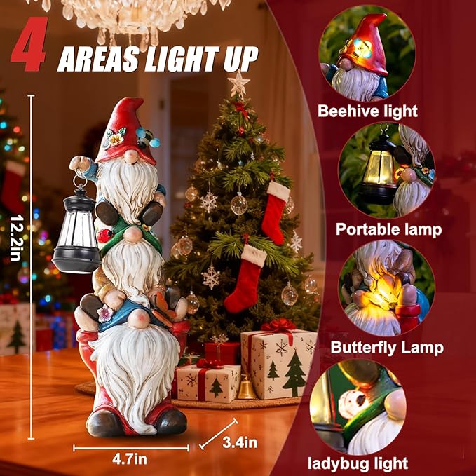 Mom Christmas Gnome Statue with Solar Lights Garden Sculptures Funny Triple Gnome Outdoor Patio Lawn Yard Balcony Home Decor Birthday Gifts for Woman Grandma 12 in Thanksgiving Gnome