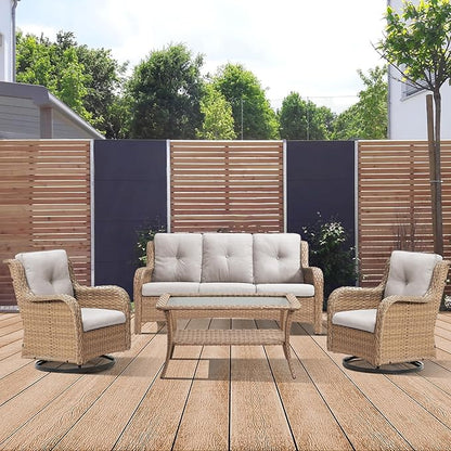 4 Piece Patio Furniture-All-Weather PE Wicker Outdoor Patio Furniture with Swivel Rocker Chairs,Outdoor Couch, Set with Coffee Table