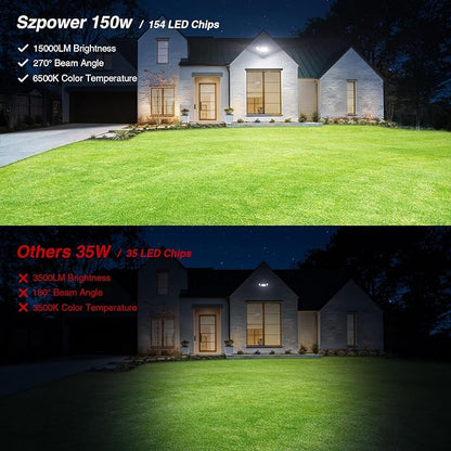 150W Flood Lights Outdoor Waterproof IP65, Exterior LED Floodlights with 3 Adjustable Heads, 15000LM Super Bright Security Lights Fixture, Outside Lights for House, Backyard 2 Pack