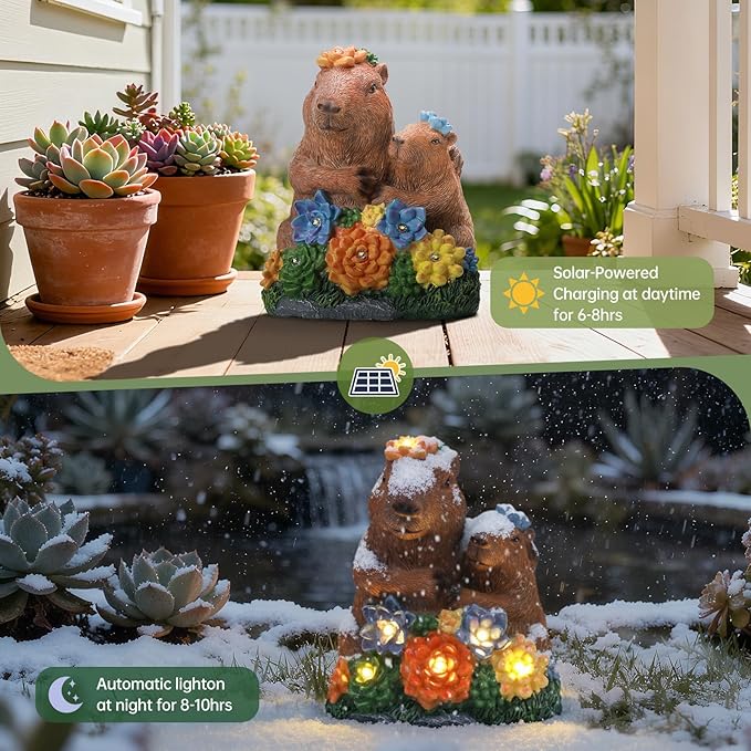 Solar Capybara Parent and Child Statue Light, Weatherproof Resin Family Garden Decor Auto On/Off - Warm Glow for Pond Patio,Family Gardens & Housewarming