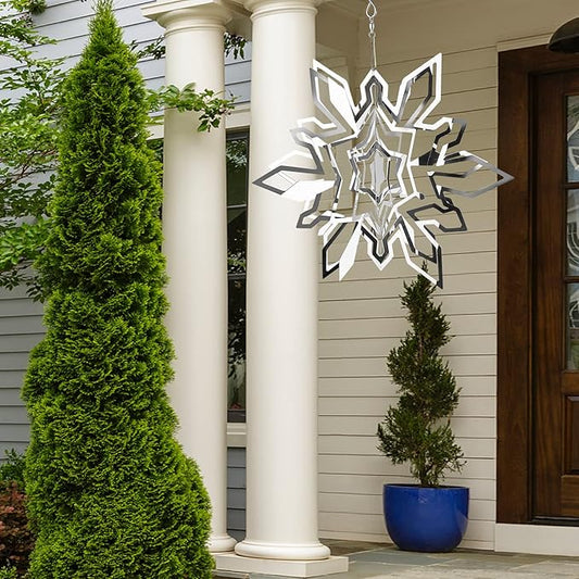 Hanging Wind Spinner Outdoor Metal Decorations, Silver Wind Spinners for Yard and Garden, 3D Mirror Stainless Steel Wind Sculptur Chime Indoor Outdoor Garden Decoration Worth Gift (Snowflake)